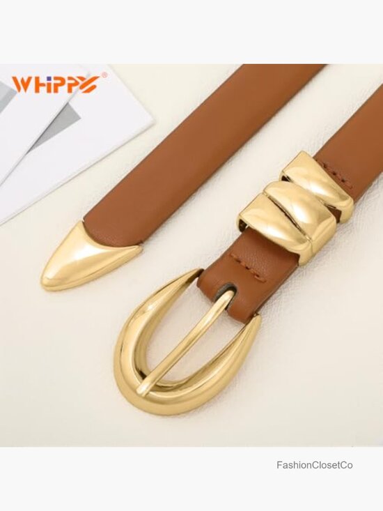 Skinny Leather Belt with Shiny Gold Buckle for Jeans Pants Dresses main image 7